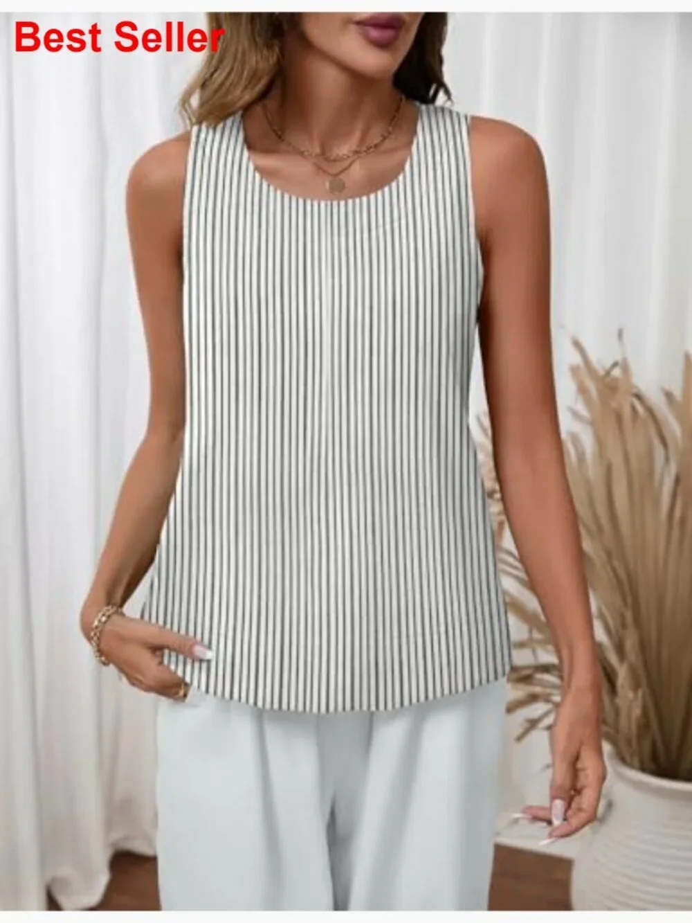 Cotton Linen Tank Top Sleeveless Crew Neck Summer Tops - Picture 3 of 7